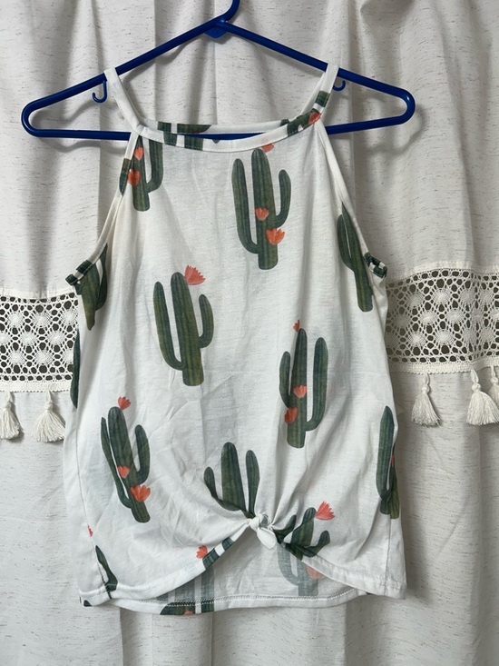 Tops - Cactus-Print White Halter Tank Top